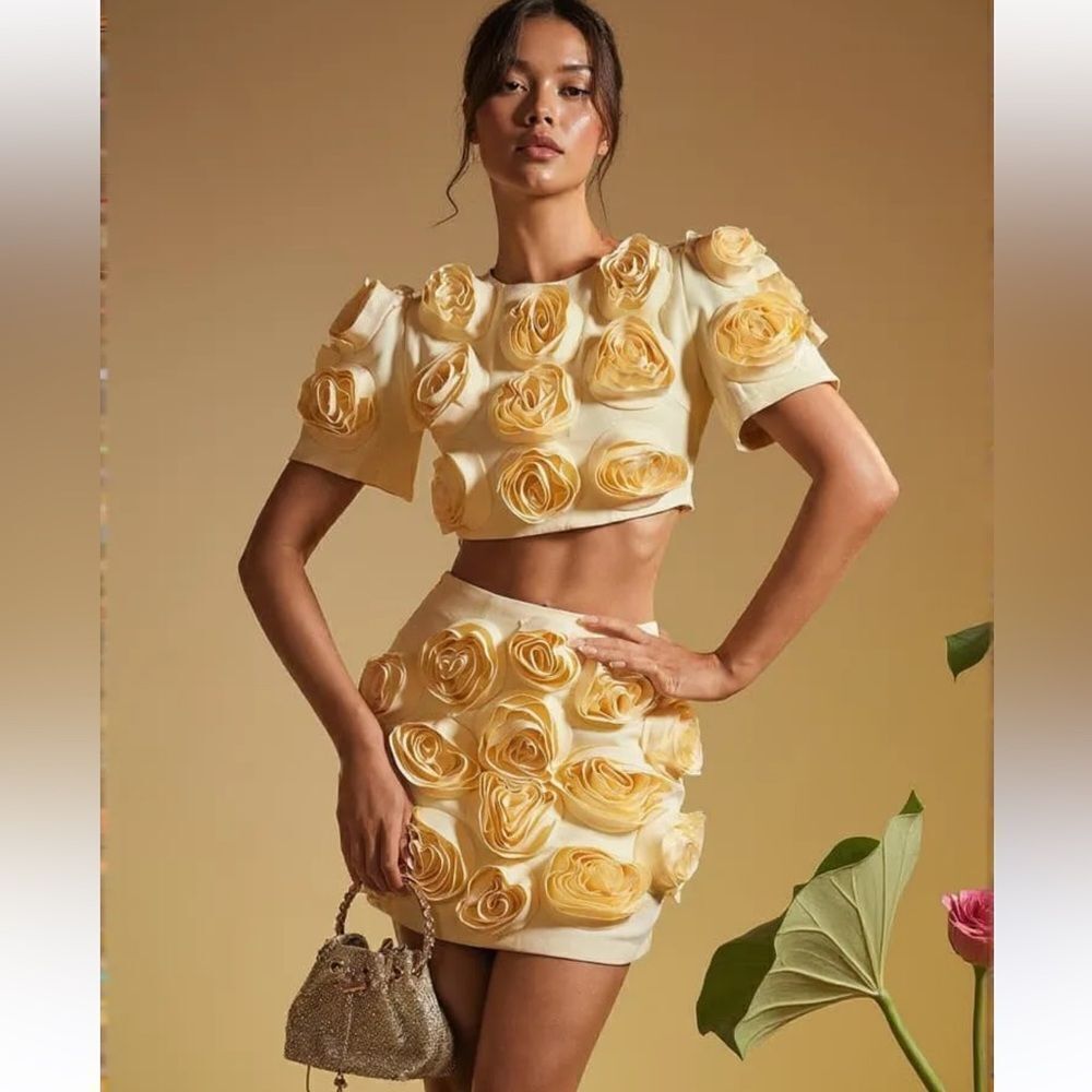 NWT Luxe Dress Rose-appliqué Cropped Top / Skirt Set In Gelb Yellow Large - Picture 16 of 16